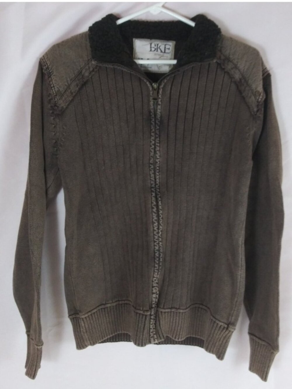 BKE Athletic Fit Men's Full Zip Collared Ribbed Brown Sweater Jacket Size Medium